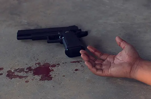 cropped-hand-person-with-gun-blood-floor